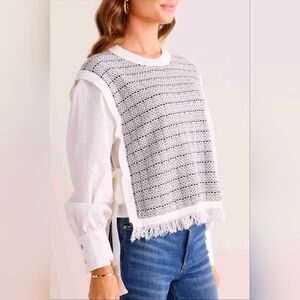 PINCH All-In-One Mixed Media Fringe Top - Knit Vest & Poplin Shirt Combo - XS